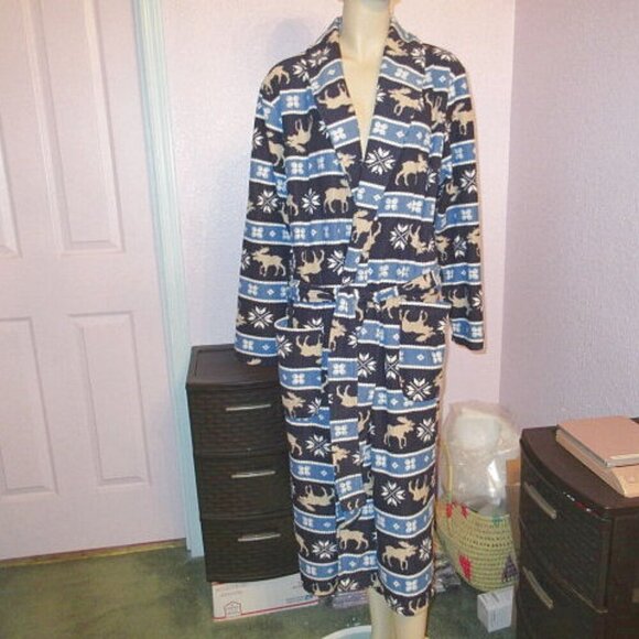 Mens Waffle Knit Wrap Robe Thermal Pockets Moose Fair Isle Knit Belted Cabin EUC - Picture 1 of 10
